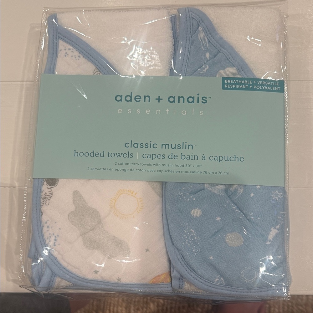 aden + anais Essentials Classic Muslin Hooded Towels in Blue and White